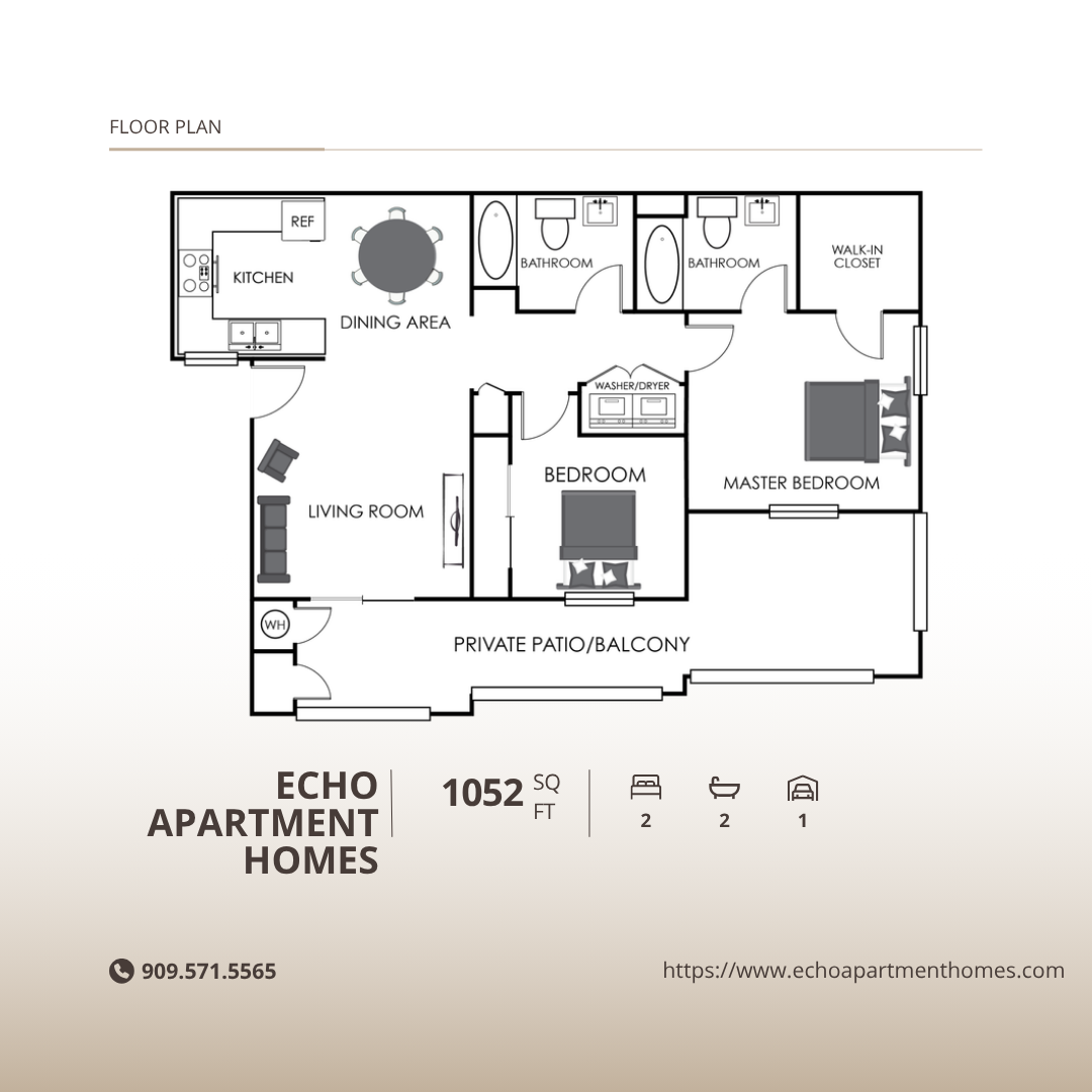 Floor plan for 2 beds, 2 baths, 1052 sqft